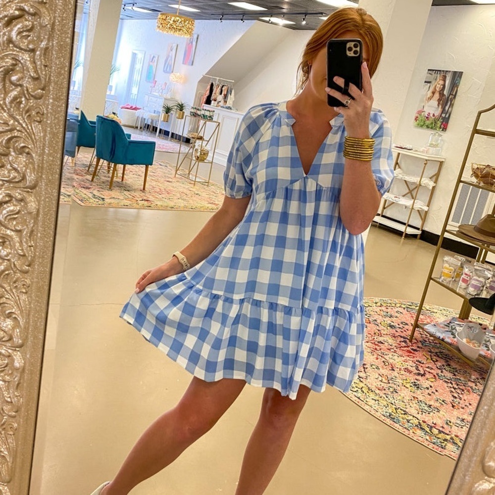 Lalavon Women’s Large Light Blue & White Gingham Puff Sleeves Babydoll Dress
